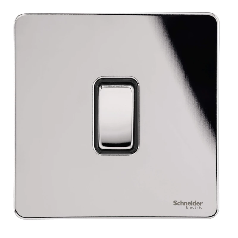 Schneider Electric Ultimate Screwless Flat Plate - Single 2 Way Light Switch, 16AX, GU1412BPC, Polished Chrome with Black Insert