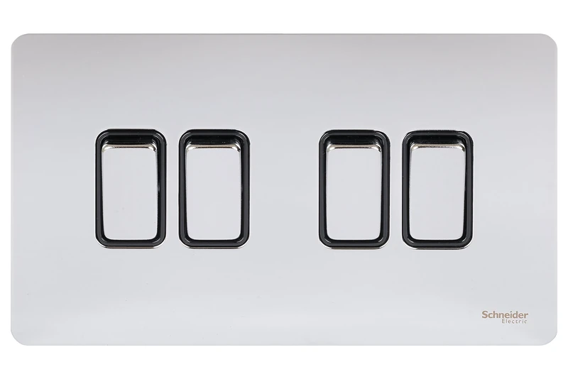 Schneider Electric Ultimate Screwless Flat Plate - 4 Gang Rocker 2 Way Light Switch, Single Pole, 16AX, GU1442BPC, Polished Chrome with Black Insert