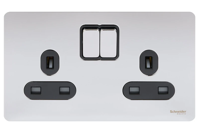 Schneider Electric GU3420BPC Ultimate Screwless Flat Plate, Polished Chrome with Black Insert, Double Switched Power Socket, 13 A