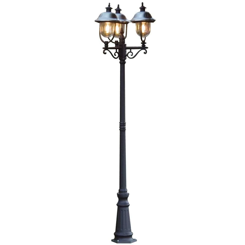 Konstsmide 7243-000 Parma Triple Column Outdoor Light/ 2.18m High/ 1 x 75 W E27 Max Lamp Post/ Clear Acrylic Globe/ Aluminium/ IP43/ Stainless Steel Top/ Outside Light Matt Black