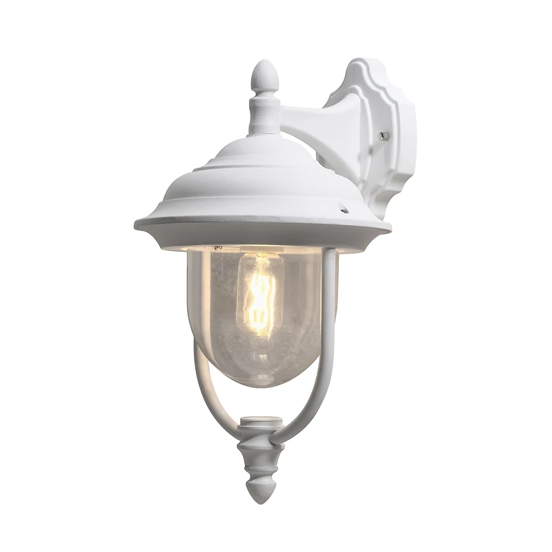 Konstsmide Outdoor Wall Light Mains Powered/Parma Large Down Traditional Lantern/1 x 75 W E27 Max Lamp/Clear Acrylic Globe/Aluminium/IP43/Outside Light Matt White