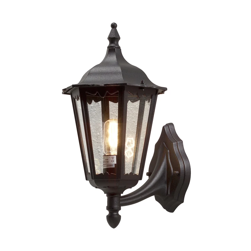 Konstsmide Outdoor Wall Light Mains Powered/Firenze Large Up Traditional Lantern/1 x 100 W E27 Max Lamp/Clear Glass Panels/Aluminium/IP43/Outside Light Matt Black