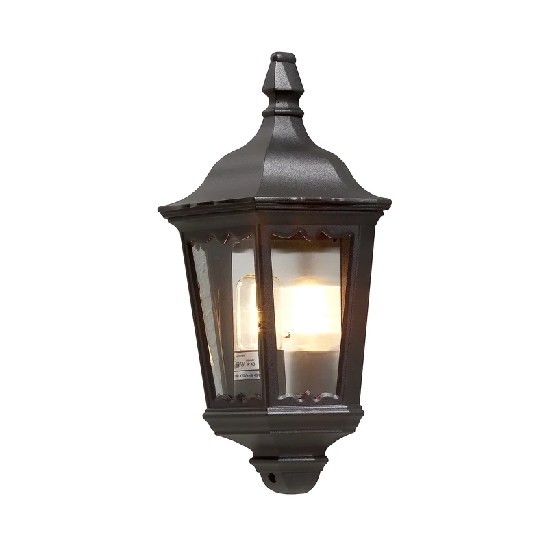 Konstsmide Outdoor Wall Light Mains Powered/Firenze Flush Traditional Half Lantern/1 x 100 W E27 Max Lamp/Clear Glass/Aluminium/IP43/Outside Light Matt Black