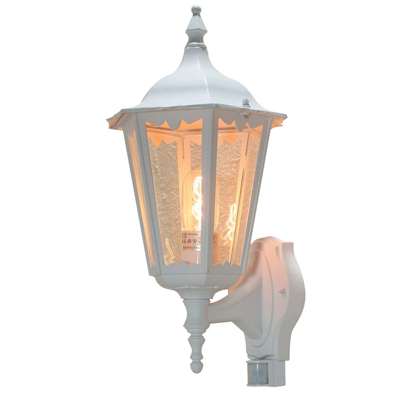 Konstsmide Outdoor Wall Light Mains Powered/Firenze Up Traditional Lantern with PIR Sensor Motion Detector/1 x 100 W E27 Max Lamp/Clear Acylic Glass/Aluminium/IP43/Outside Light Matt White