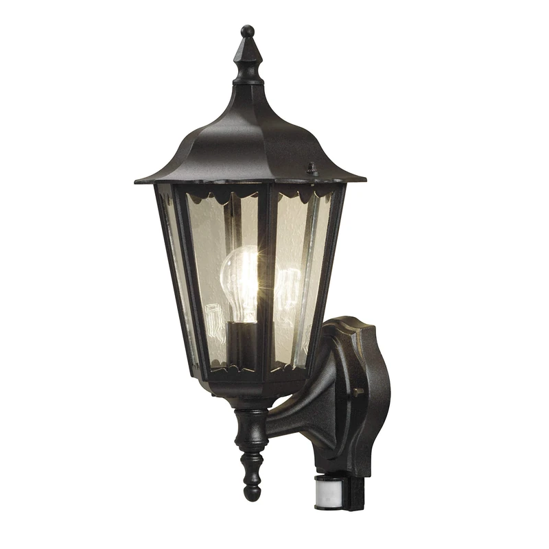 Konstsmide Outdoor Wall Light Mains Powered/Firenze Up Traditional Lantern with PIR Sensor Motion Detector/1 x 100 W E27 Max Lamp/Clear Acylic Glass/Aluminium/IP43/Outside Light Matt Black