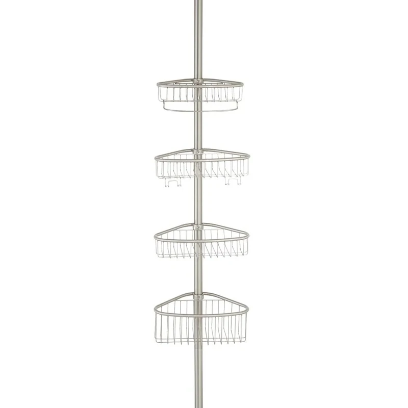 iDesign 42860ES Telescopic Shower Caddy, Stainless Steel Shower Storage Shelf with Constant Tension Technology, Compact Bathroom Organiser with 4 Baskets and 4 Hooks, Matte Silver