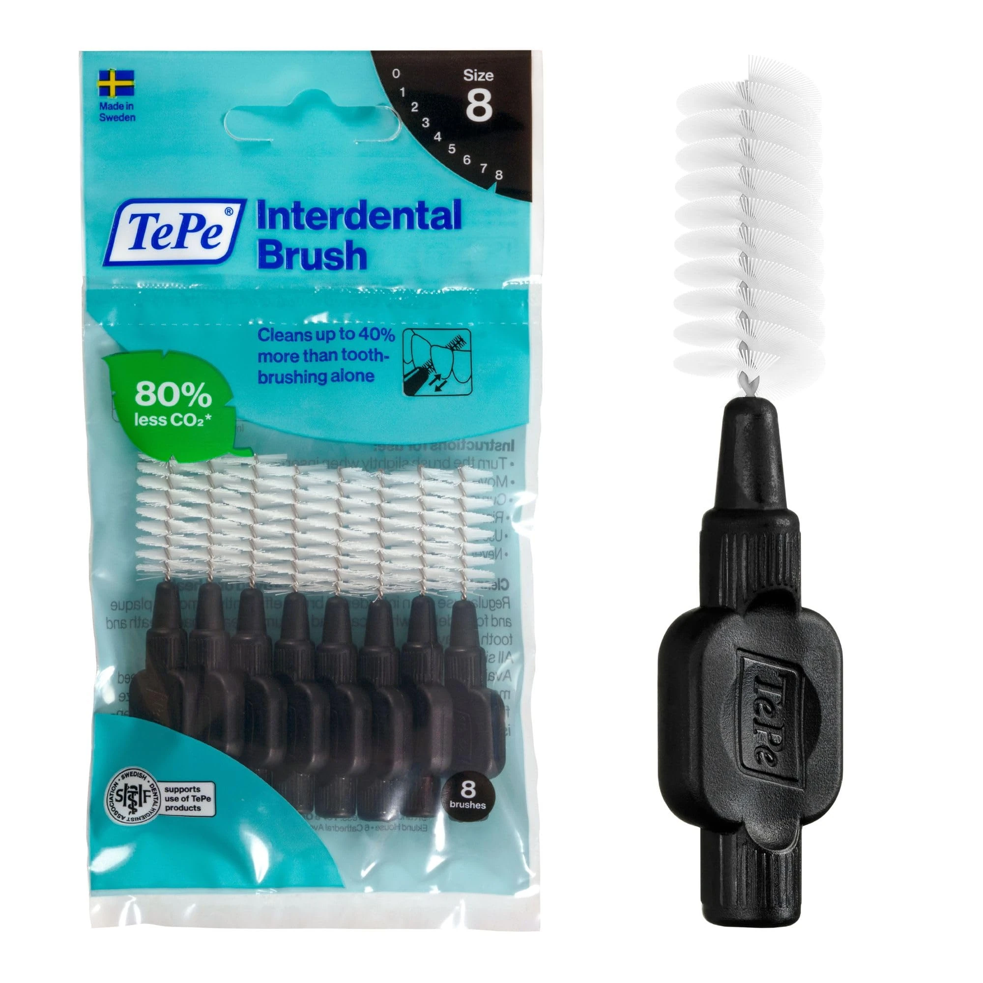 TePe Interdental Brush, Original, Black, 1.5mm/ISO 8, 8pcs, Plaque Removal, efficient Clean Between The Teeth, Tooth Floss, for Wide Gaps