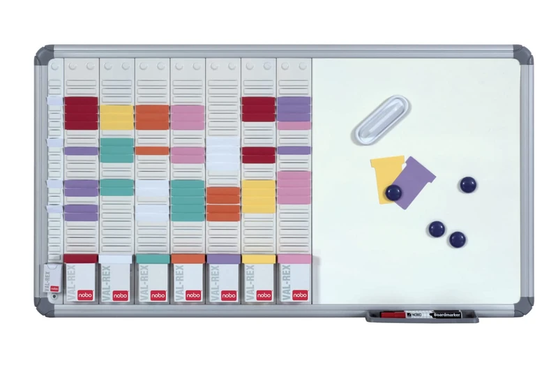 Nobo - Weekly Wall Planner Kit with Magnetic Whiteboard, Steel Surface, 7 Columns & 24 Slots, Index 2, T-Plug/Index/Marker/Magnets Included, 2951400 - Image 1