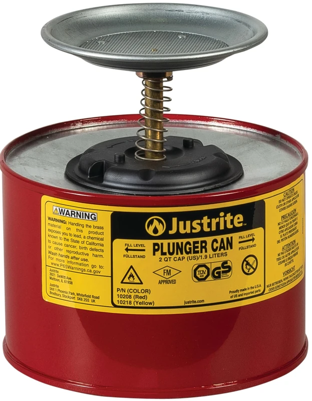 Justrite 10208 Steel Plunger Safety Can with Brass and Ryton Pump Assembly, 2 L Capacity, 7-1/4" OD x 7-3/8" H, Red