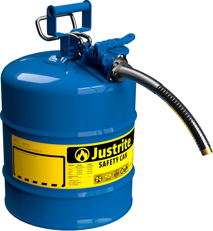 Justrite 7250330 AccuFlow 5 Gallon, 11.75" OD x 17.50" H Galvanized Steel Type II Blue Safety Can With 1" Flexible Spout