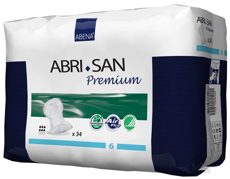 Abena Abri-San Premium Mens & Womens Incontinence Pads, Breathable & Comfortable, Fast Absorption, Discreet & Effective Shaped Incontinence Pads for Men/Women - Premium 6, 1600ml Absorbency, 3x 34PK