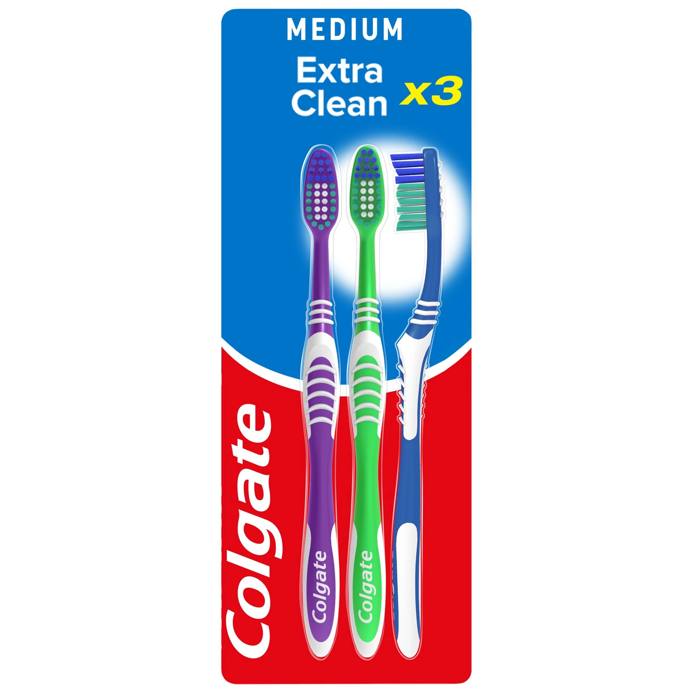 Colgate Extra Clean Medium Manual Toothbrush (Assorted) with a Cleaning Tip That Reaches and Cleans Back Teeth (Pack of 3)
