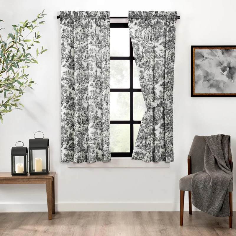 Ellis Curtain Victoria Park Toile 68-Inch-by-54 Inch Tailored Panel Pair with Tiebacks, Black