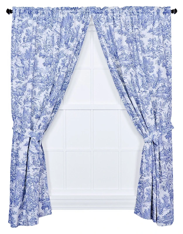 Ellis Curtain Victoria Park Toile 68-Inch-by-84 Inch Tailored Panel Pair with Tiebacks, Blue