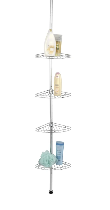 Maximex Telescopic Corner Element-Shower Rack, 4 Shelves, Metal, Silver Shiny, 20 x 20 x 56-275 cm