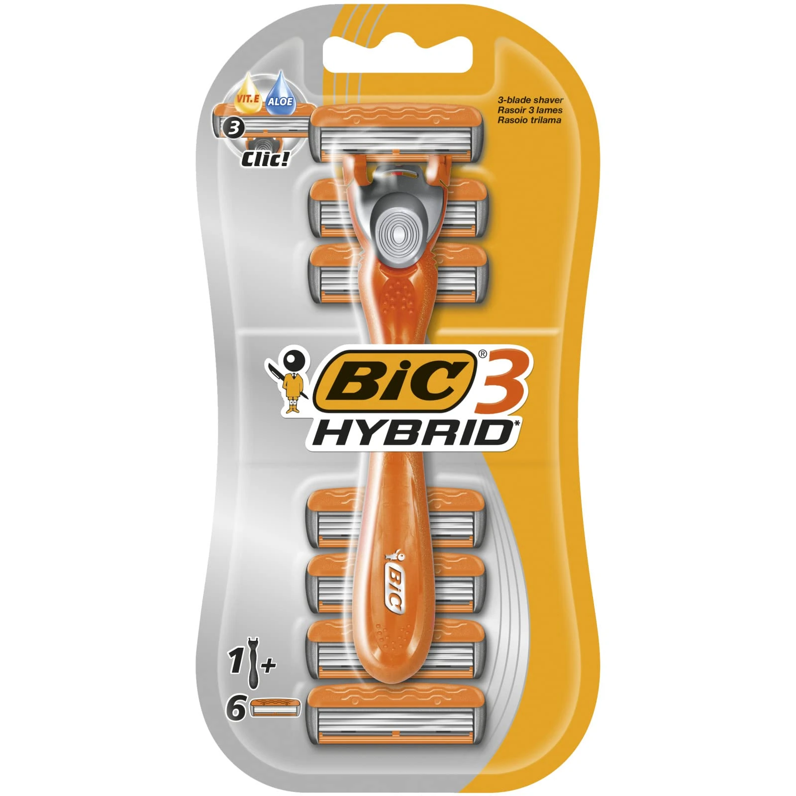 BIC 3 Hybrid , Men's Triple-Blade Razors for Men, Long Curved Handle for Easy Grip, Pack with 1 Handle and 6 Refills
