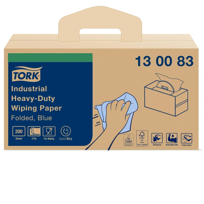Tork 130083 Industrial Heavy-Duty Wiping Paper / 3 Ply Absorbent Paper Sheets Suitable for Tork W7 Handy Box System / Blue / 200 Sheets
