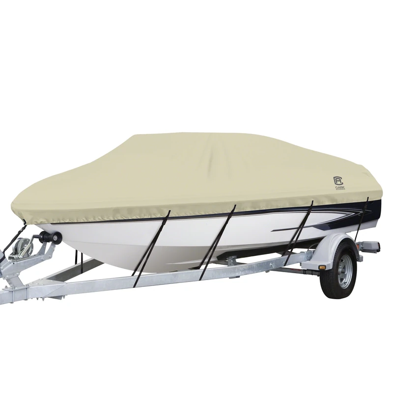 Classic Accessories DryGuard Beige Waterproof Boat Cover, 20' - 22' L x 106" W, Trailerable Boat Cover, Model E, Marine Grade Fabric, Water-Resistant, Fits V-Hull Runabouts OutBoards and I/O