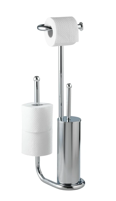 WENKO 18730100 Free Standing Toilet Brush Universalo Chrome - with Spare roll Holder, Steel, 20 x 62.5 x 23 cm, Chrome