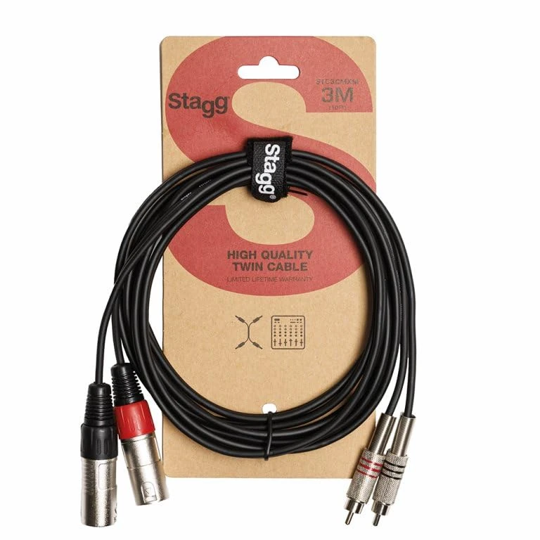 Stagg STC3CMXM S Series Twin RCA Male to Twin XLR Male Cable, Black, 3m