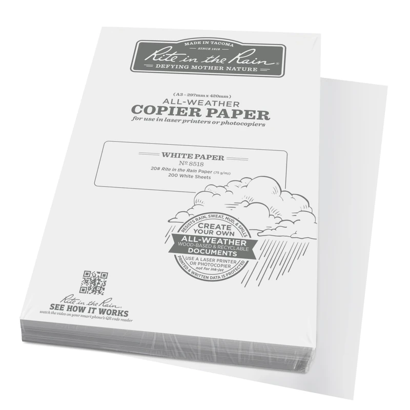 Rite In The Rain A3 Waterproof Copier and Laser Printer Paper White 200 Sheet Pack Recyclable 29.7 cm X 42 cm Map Printing Storage Longevity Resists Oil & Grease Mud & Grime Sweat Laundry Mishap - Image 1