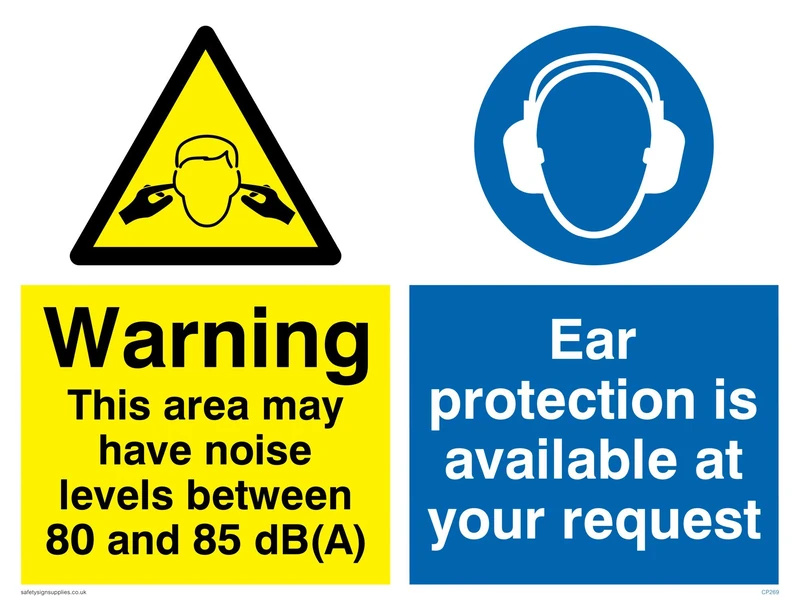 Viking Signs CP269-A1L-3M "Warning This Area May Have Noise Levels Between 80 And 85 dB(A), Ear Protection Is Available At Your Request" Sign, 3 mm Plastic Rigid, 800 mm H x 600 mm W