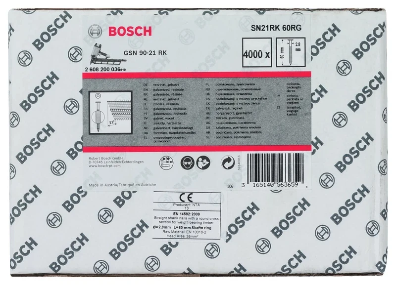 Bosch 2608200036 2.8 x 60 mm Galvanized Full Head Strip Nail