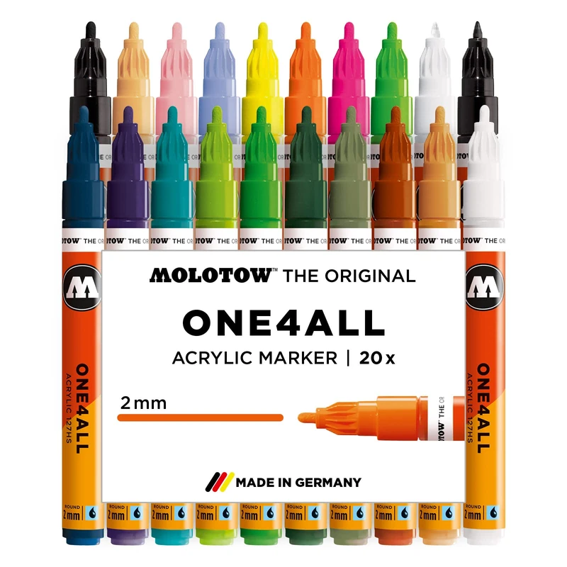 Molotow One4All 127HS Acryl Marker Main-Kit 2 (2,0 mm Strichstärke, hochdeckend und permanent, UV-beständig, für fast alle Untergründe) 20 Stück sortiert