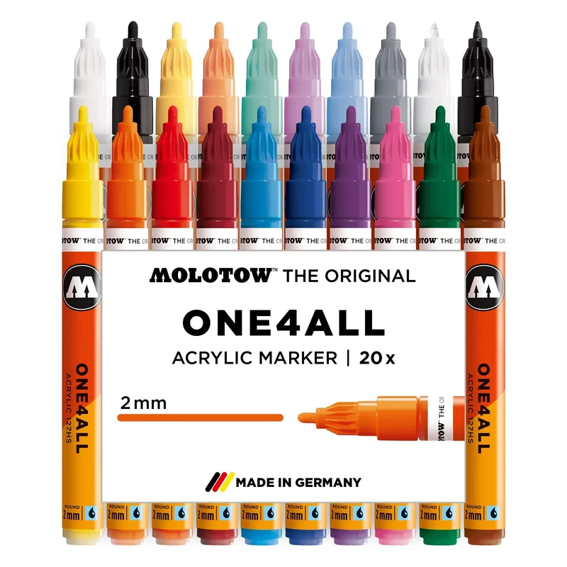 Molotow One4All 127HS Acryl Marker Main-Kit 1 (2,0 mm Strichstärke, hochdeckend und permanent, UV-beständig, für fast alle Untergründe) 20 Stück sortiert