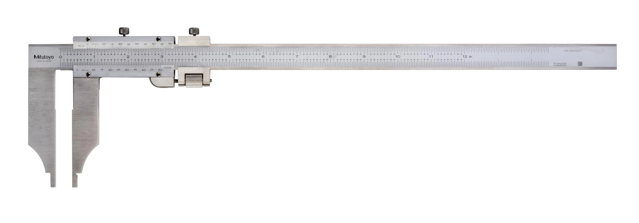 Mitutoyo 534-117 Vernier Caliper, Steel, Nib Style, Long Jaw, 0-12" Range, -0.002" Accuracy, 0.001" Resolution