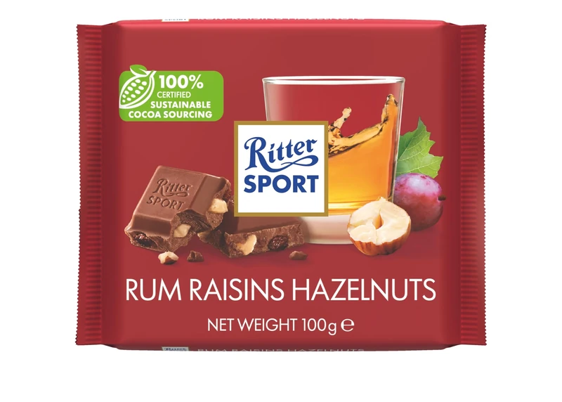 Ritter Sport Rum Raisins and Hazelnuts Chocolate Bar, 100g, Chocolate Sharing Bar