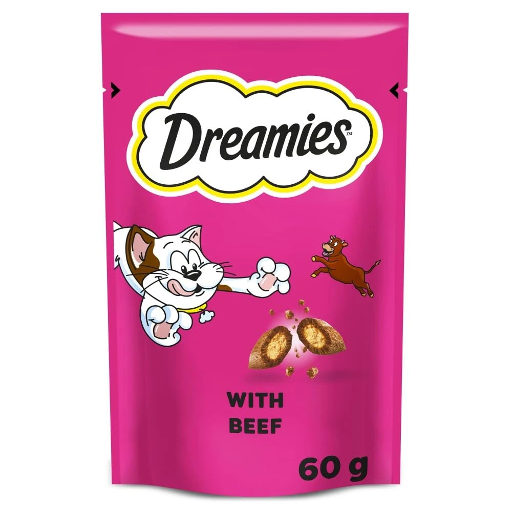 DREAMIES - Tempting Cat Treats - 8 x 60 g - Beef - Multipack Biscuits - 8 Pouches