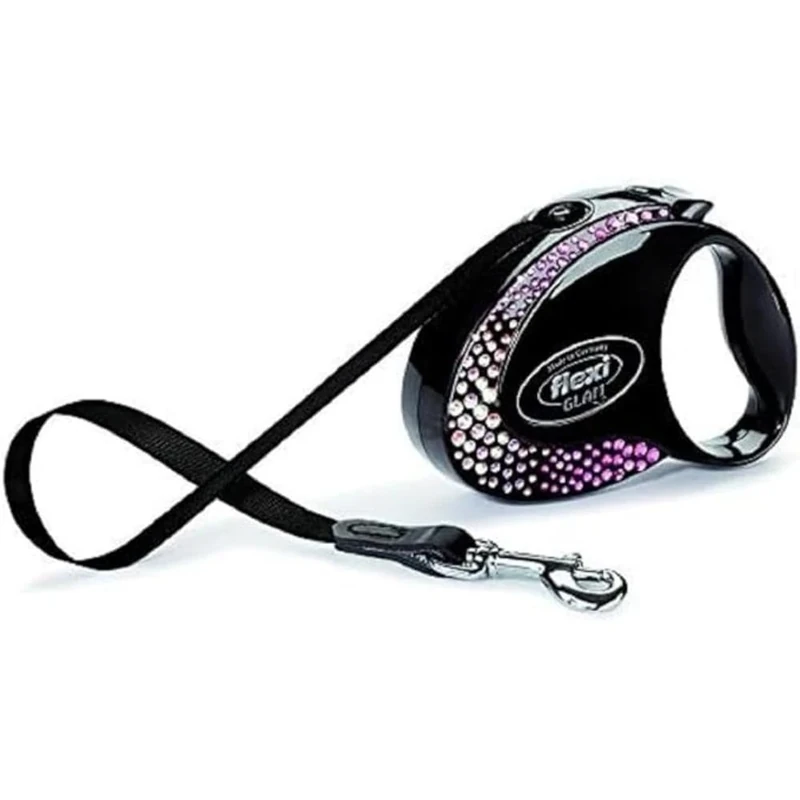 flexi Glam Composition Retractable Tape Lead with Swarovski Crystals, 12 Kg/ 3 m, Small, Black