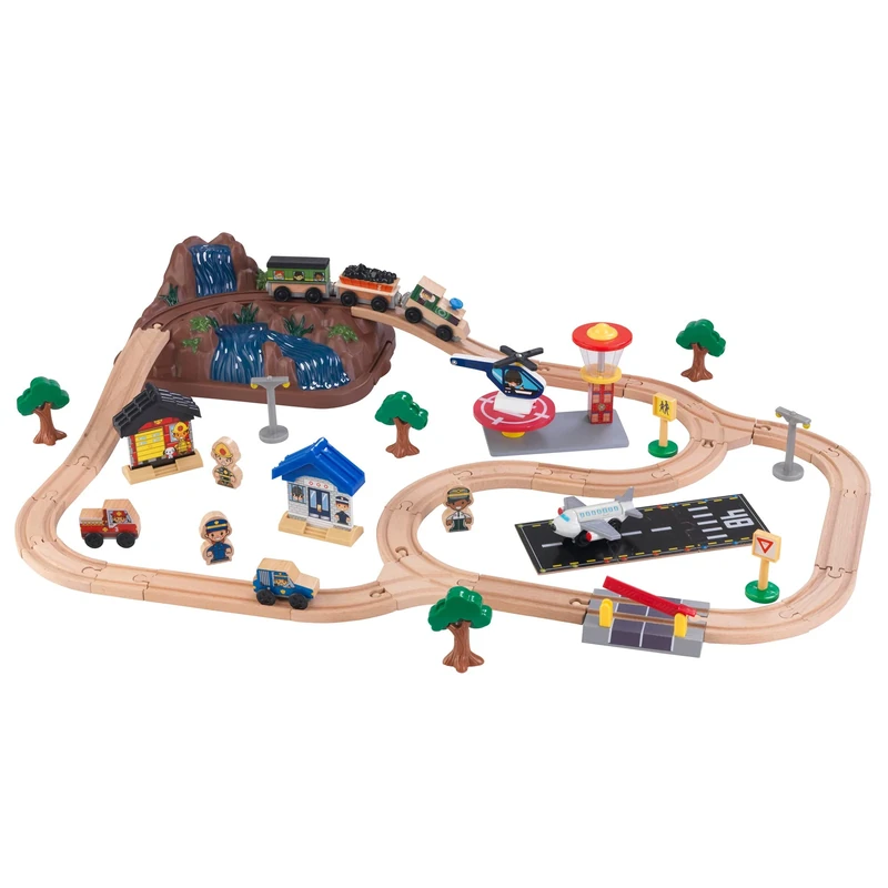 KidKraft Bucket Top Mountain Airport Wooden Train Set with Storage Box, Train Track Set with Wooden Toy Cars, Helicopter, Airplane and Accessories Included, Kids’ Toys, 17826