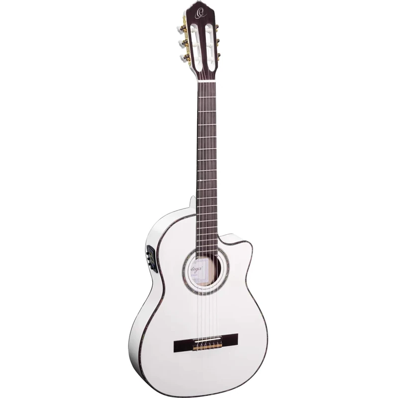 Ortega Guitars Classical Guitar Electro-Acoustic – 4/4, Slim Neck, Thinline Body – Family Series Pro – Including Gig Bag – Solid Engelmann Spruce, Mahogany, White (RCE145WH)