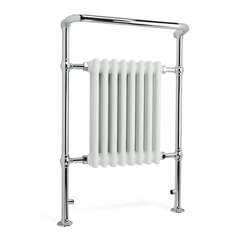 iBathUK Ascot Traditional Floor Mounted Heated Towel Radiator with Wall Support, 8 Column Steel High Thermal Output Hydronic Central Heating, Curved Towel Rail in Chrome/Gloss White, 952 × 659mm