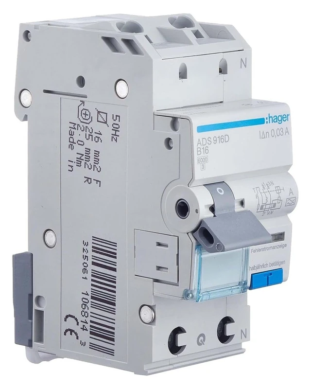 Hager ADS916D Residual Current LS Switch, 16A, 30mA, 2-Pin 1-Pin Protected