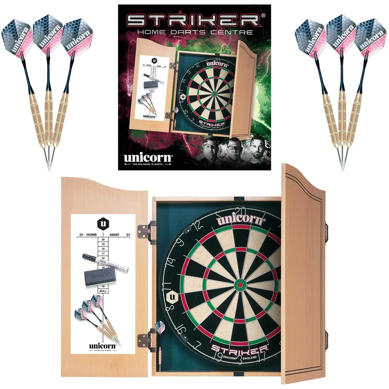 Unicorn Dartboard & Cabinet Darts Board | Striker | Sisal Bristle Board & Wooden Cabinet with Shaped Doors | with 2 Sets of Darts, Marker Pen, Wiper & Checkout Chart