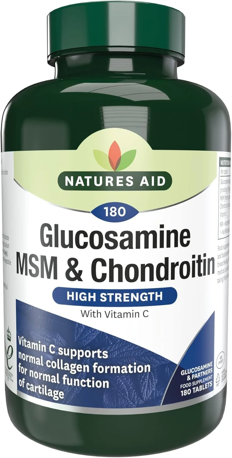 Natures Aid Glucosamine MSM & Chondroitin with Vitamin C - High Strength Joint Support - Mobility & Cartilage Health, Collagen Formation - Non-GMO, Gluten-Free Supplement - 180 Tablets
