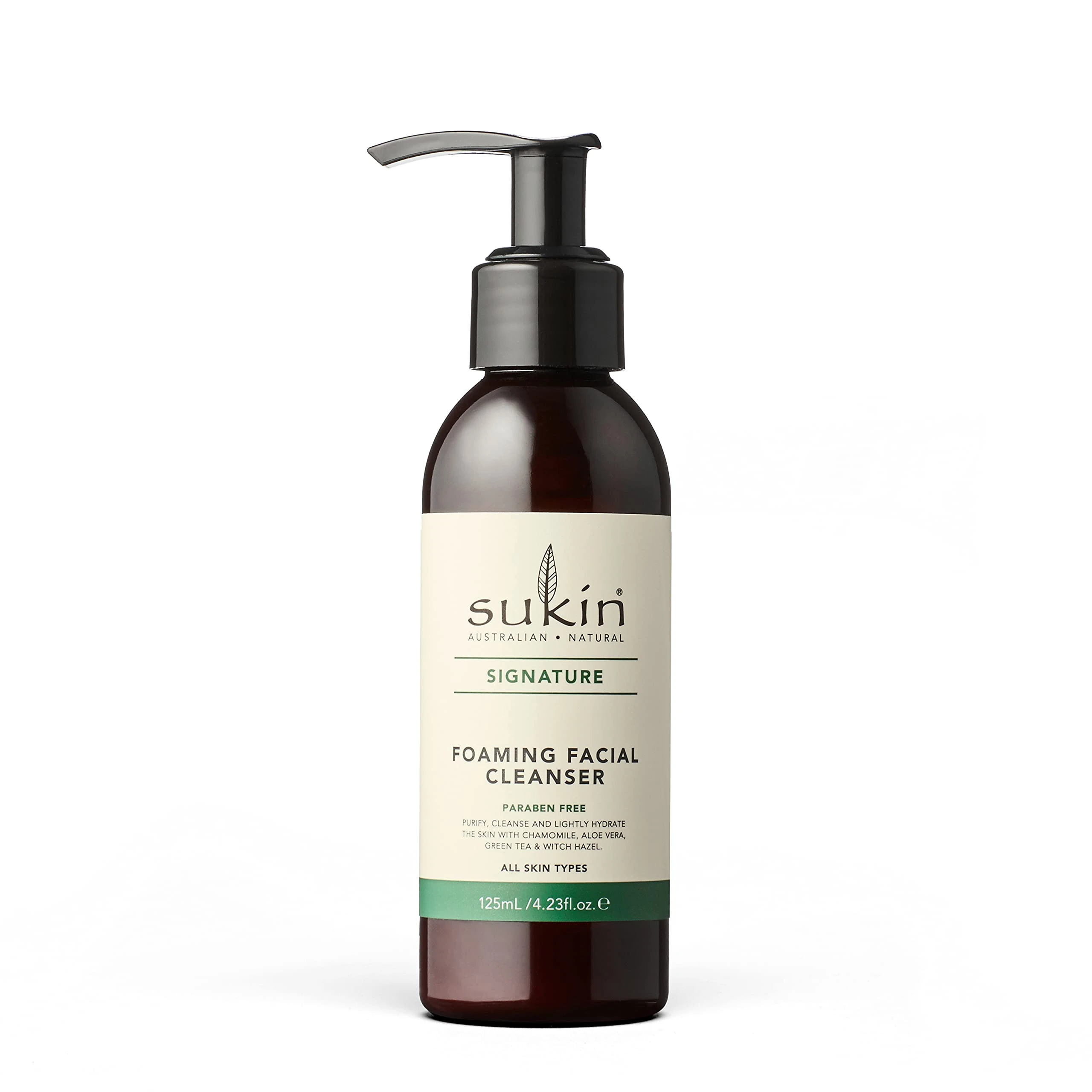 Sukin Signature Foaming Facial Cleanser 125ml - with Witch Hazel & Green Tea; cruelty free & vegan friendly - gently cleanses skin, removes make-up, dirt build-up and sebum.