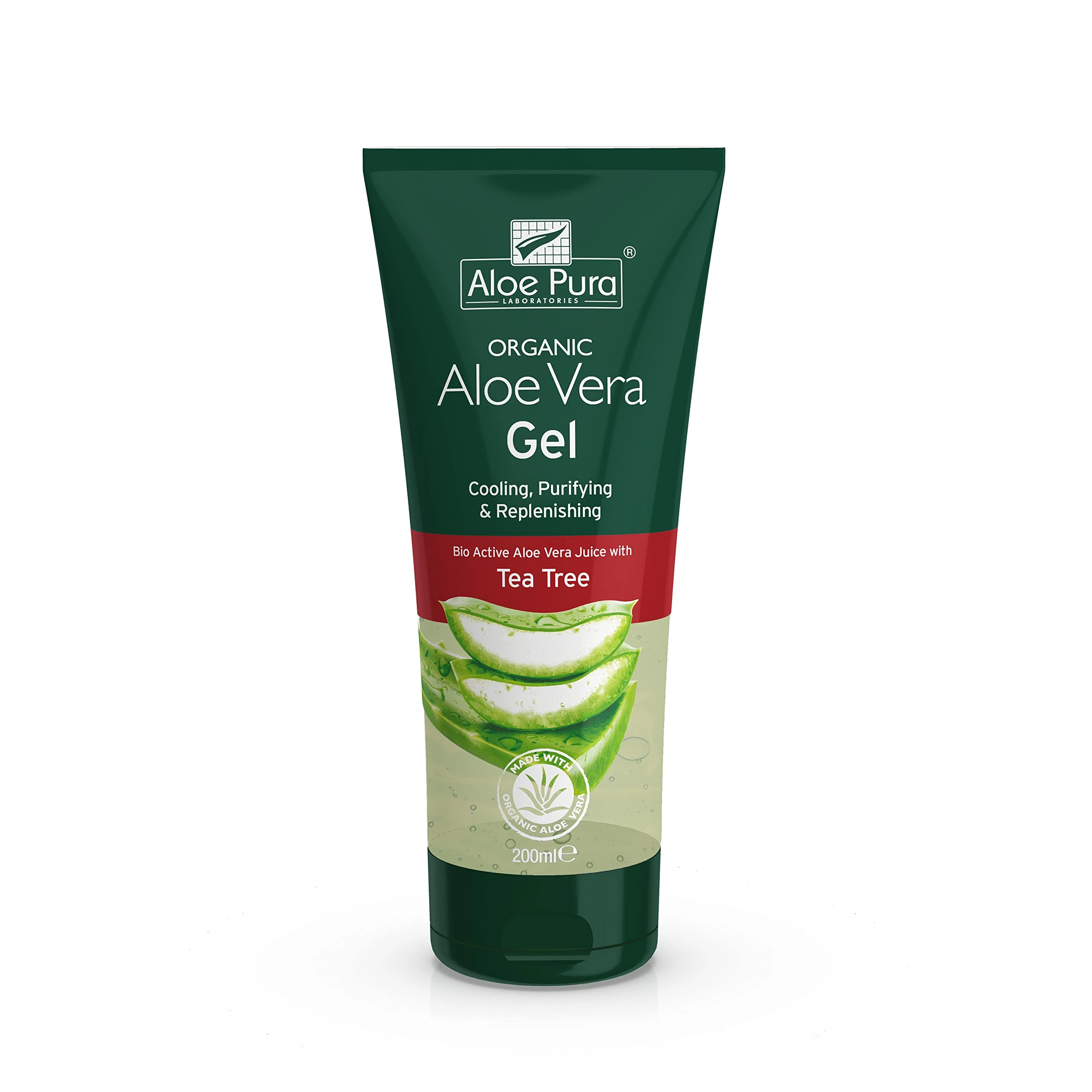 Aloe Pura Organic Aloe Vera Gel with Tea Tree, Natural, Vegan, Cruelty Free, Paraben & SLS Free, Cooling, Purifying, 200 ml