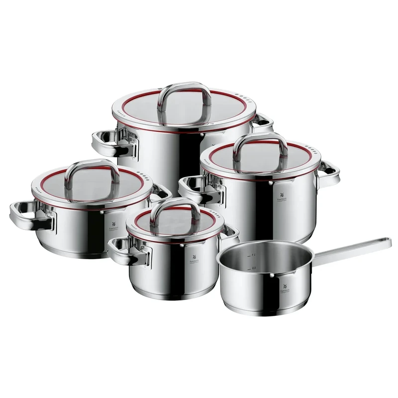 WMF Function 4 5-Piece Induction Saucepan Set, Glass Lid with 4 Pouring Functions, Polished Cromargan Stainless Steel, Induction Pots Set, Inner Scale