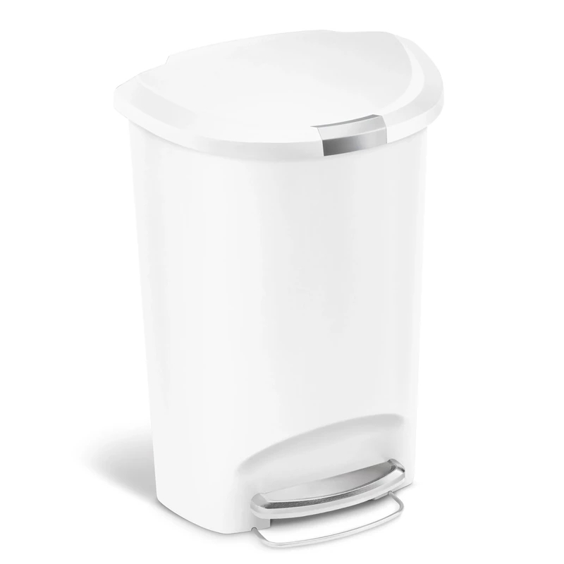 simplehuman CW1356 50L Semi-Round Kitchen Pedal Bin with Lid Lock, Silent Soft Close Lid, Strong Steel Pedal, Large Capacity, White Plastic