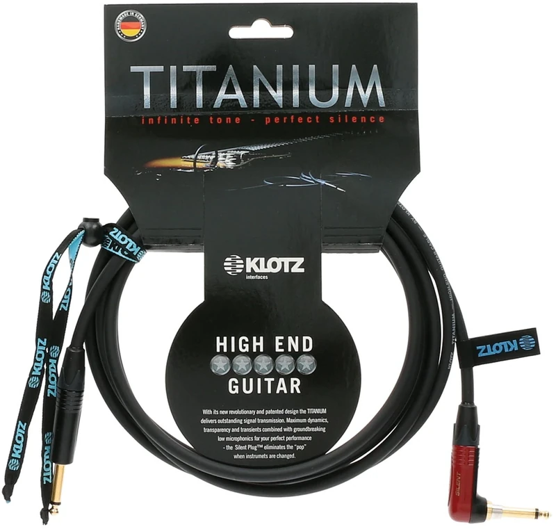 Klotz TIR0600PSP Titanium Guitar Cable with SilentPLUG, ¼-Inch Straight to Right Angle, 20ft, 20 ft