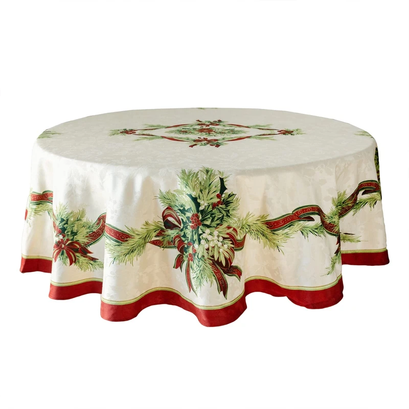 Benson Mills Christmas Ribbons Engineered Printed Fabric Table Cloth, Winter, Holiday and Christmas Tablecloth (70" Round, Xmas Ribbons)