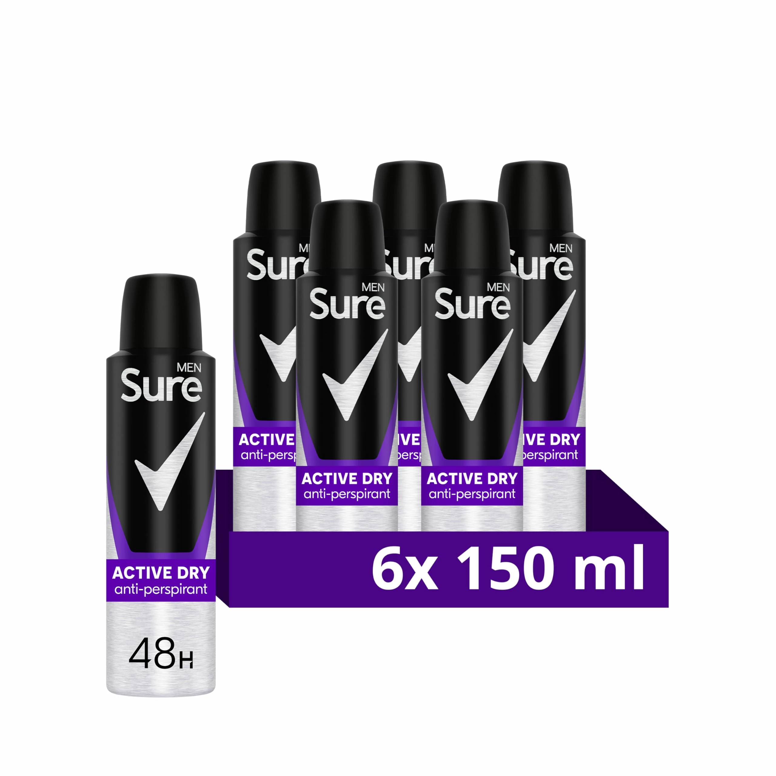 Sure Men Active Dry Anti-Perspirant Aerosol Men's Deodorant Spray with MotionSense technology for 48 hour protection against sweat and odour 6x 150 ml