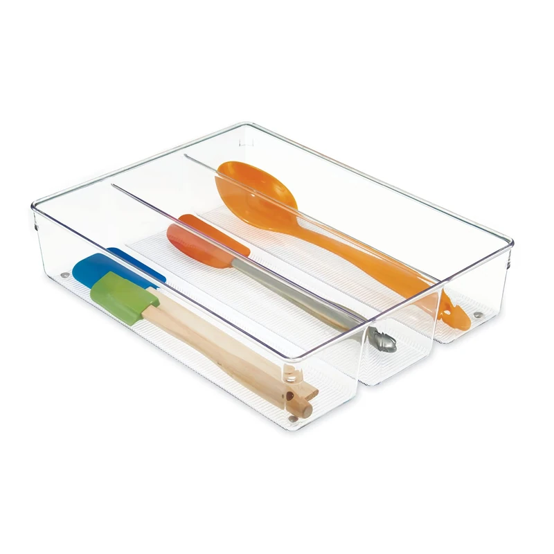 iDesign 56330 Drawer Organiser with 3 Compartments, Large Plastic Kitchen Drawer Insert, Practical Drawer Organiser for Kitchen Accessories, Utensils and Cutlery, Clear