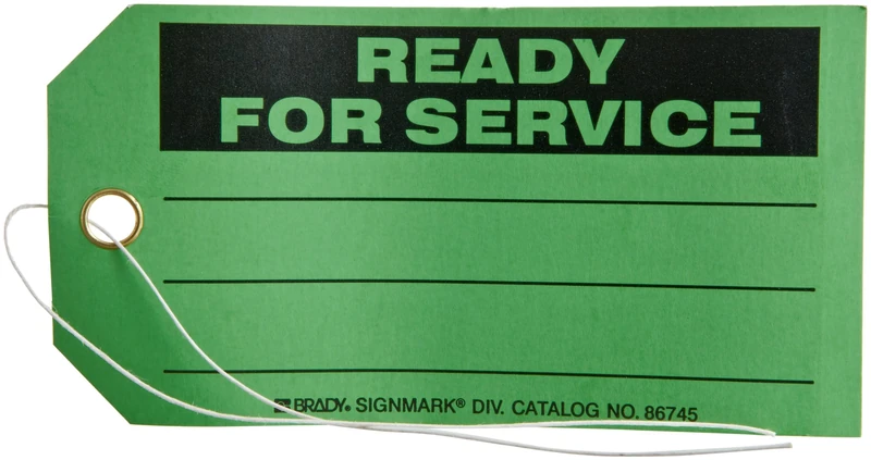 Brady 86745 5-3/4" Height, 3" Width, B-853 Cardstock, Black On Green Color Production Status Tag, Legend Ready for Service (Pack of 100)