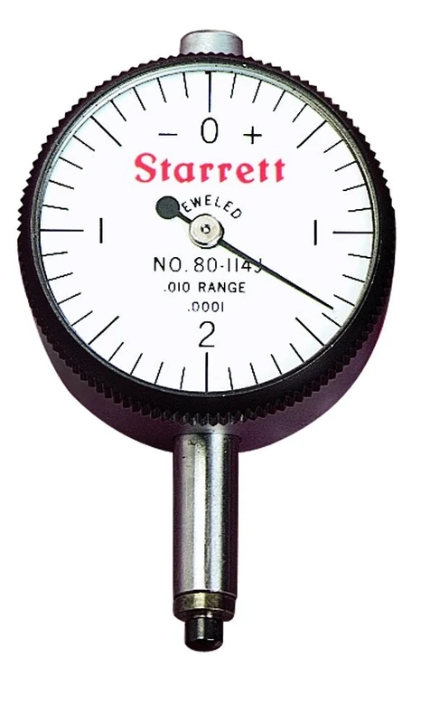 Starrett 80-114J Miniature Dial Indicator, 0.2185" Stem Diameter, Lug-On-Centre Back, White Dial, 0-2-0 Reading, 1.25" Dial Diameter, 0-0.01" Range, 0.0001" Graduation