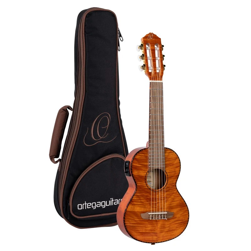 Ortega Guitars Travel Guitar Electro-Acoustic – Mini Travel Series – Flamed Mahogany, Gloss Natural (RGLE18FMH)